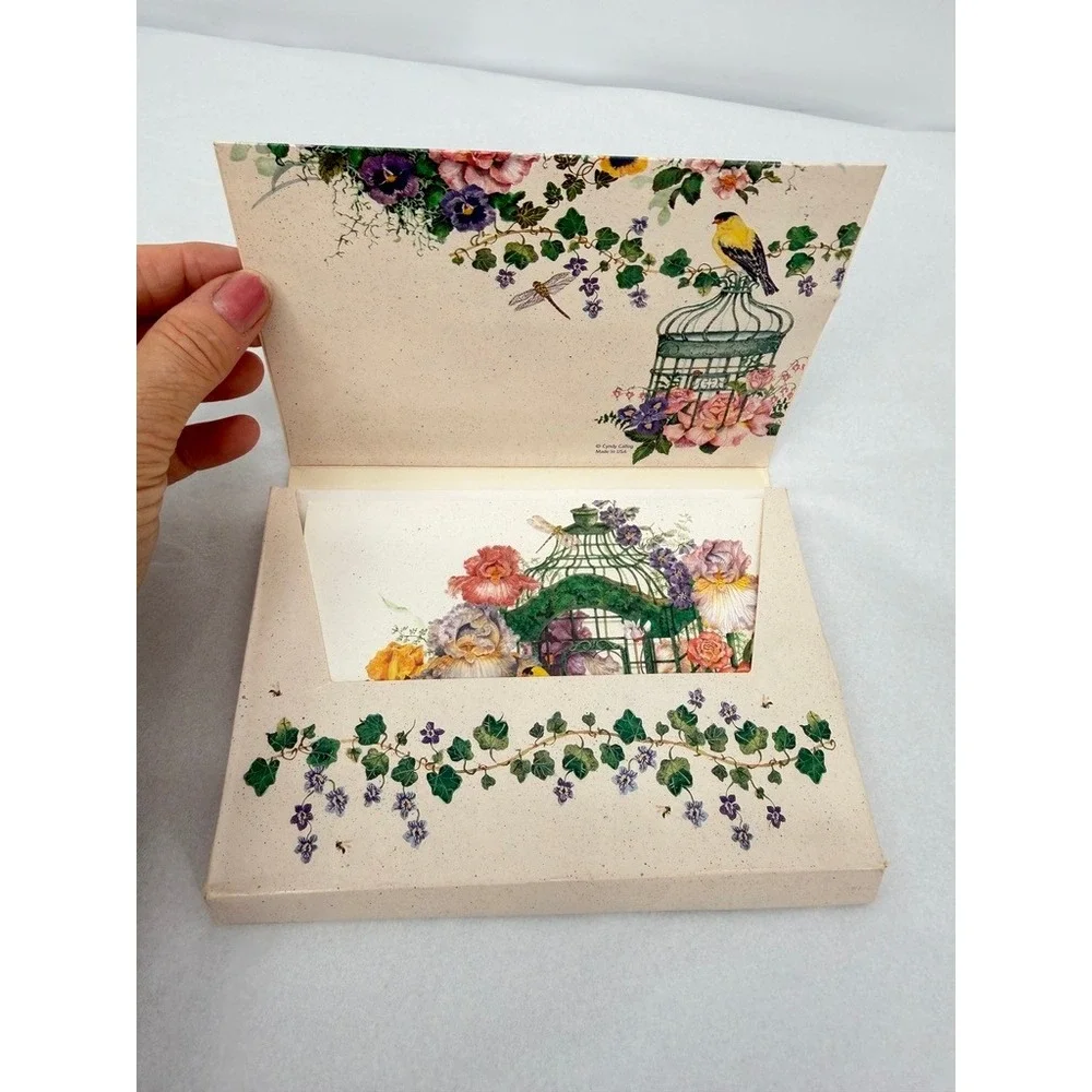 VTG Blank Note Cards Sunrise Cyndy Callog Birdcage Flowers Stationery Bird Art